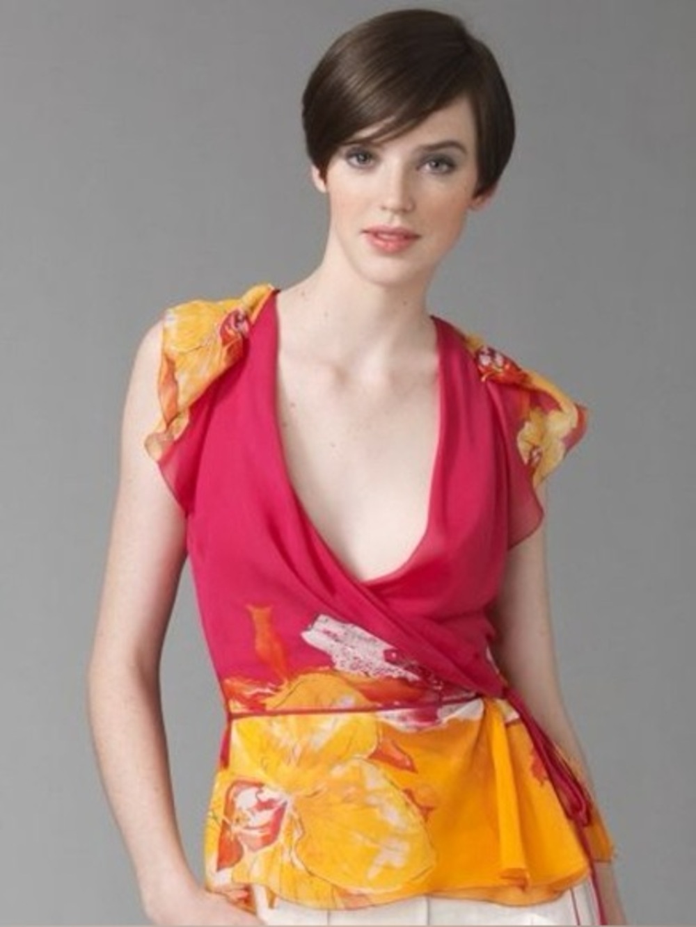 Diane von Furstenberg Maupiti Orchid Lei Silk Chiffon Wrap Top Size 6